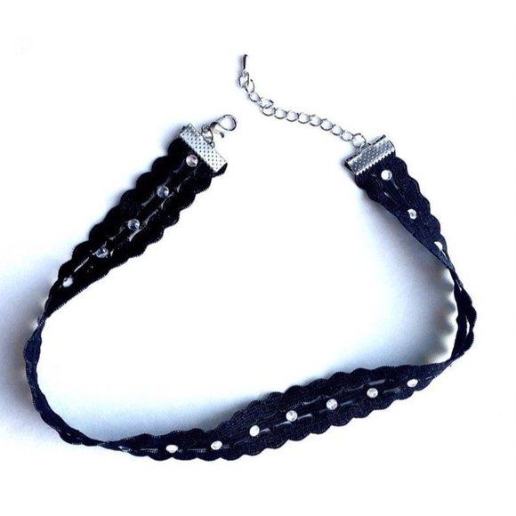 Elastic choker handmade black elastic lace necklace faux miniature rhinestones - Picture 1 of 8